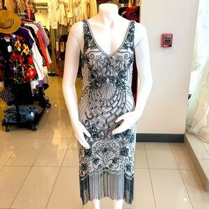 Grey Frock & Frill Sequin Tassel Flapper Dress